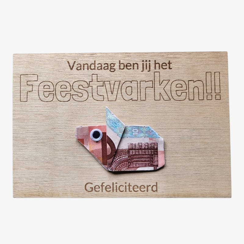 Verjaardagskaart van hout - Feestvarken